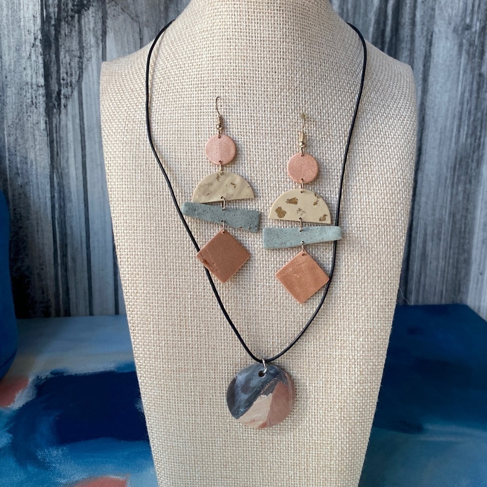 Handmade Polymer Clay Abstract Geometric Jewelry Set Necklace & Earrings